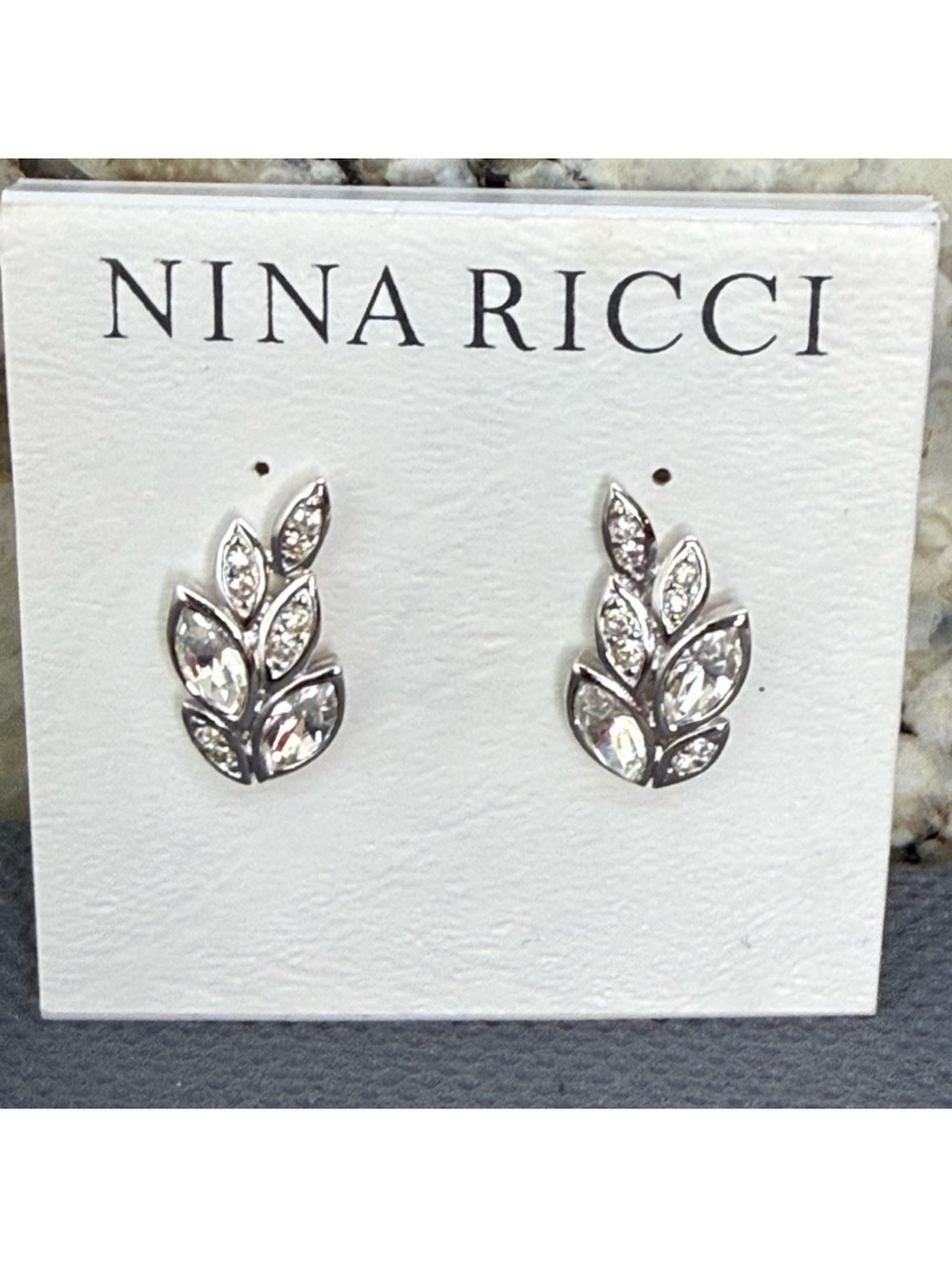 Nina Ricci Silver Leaf Crystal Stud Earrings